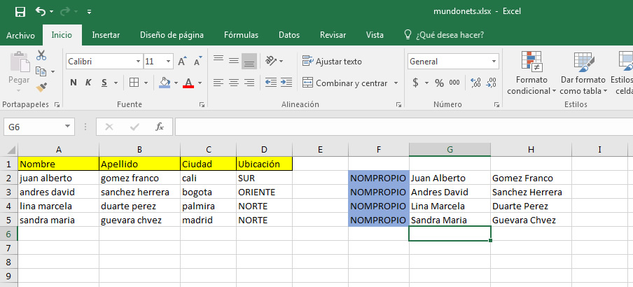 Primero vamos a usar la función “NOMPROPIO” en la Columna A y la Columna B. Primero vamos a usar la función “NOMPROPIO” en la Columna A y la Columna B.