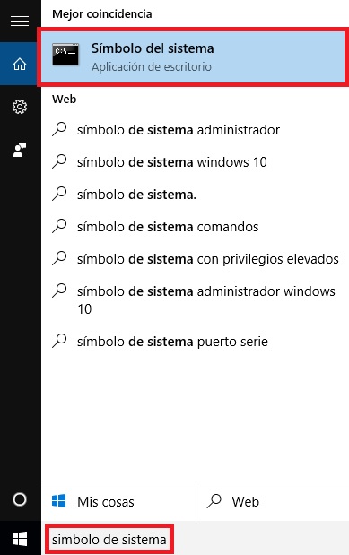 Buscar "Símbolo del sistemas" Buscar "Símbolo del sistemas"